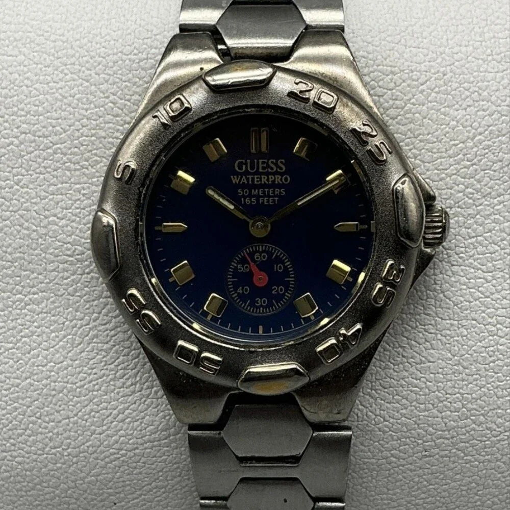 Vintage Guess Waterpro Womens Watch 27mm Blue Stainless Sport New Battery 6.5